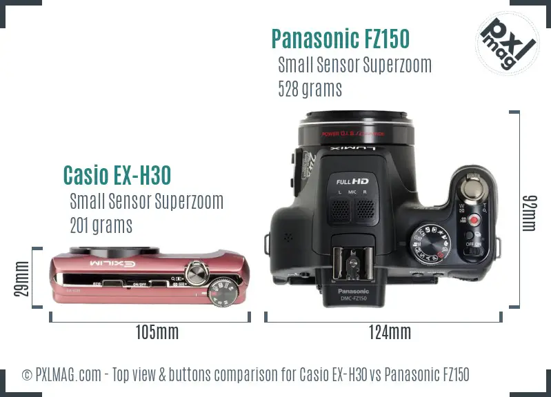 Casio EX-H30 vs Panasonic FZ150 top view buttons comparison