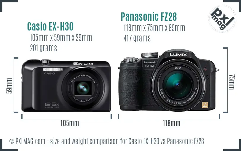 Casio EX-H30 vs Panasonic FZ28 size comparison