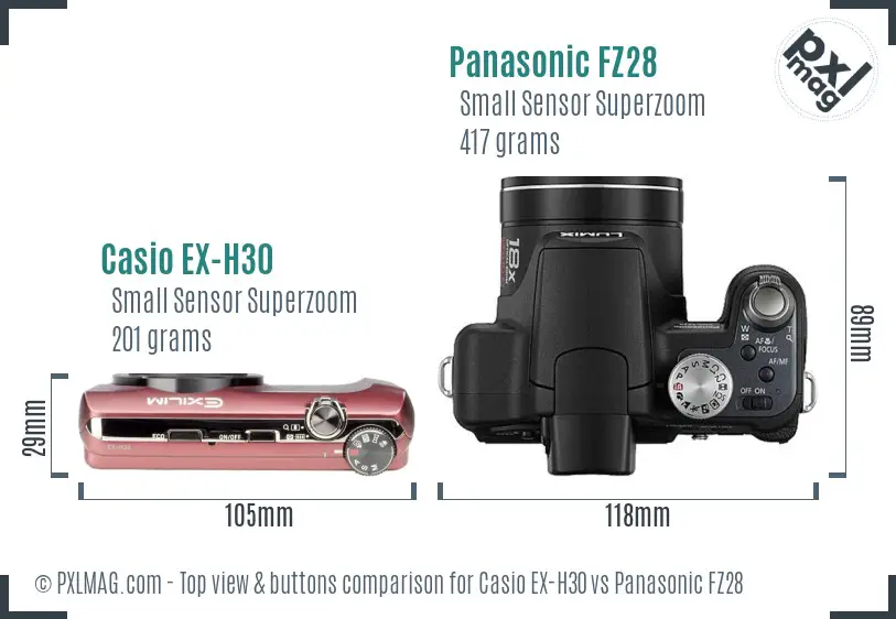 Casio EX-H30 vs Panasonic FZ28 top view buttons comparison