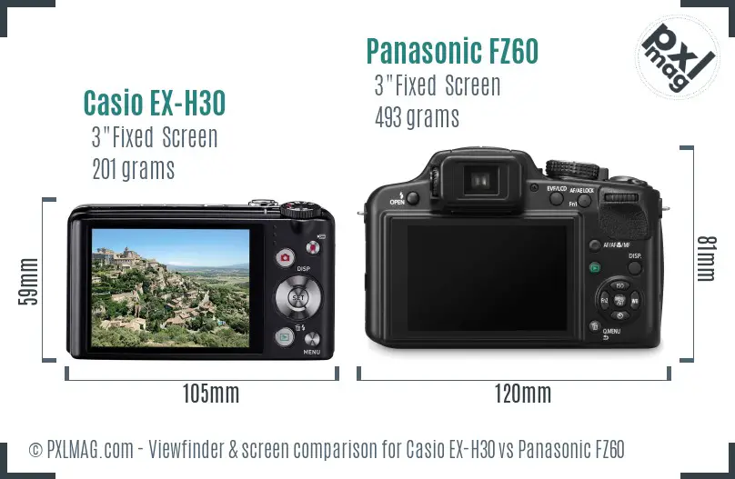 Casio EX-H30 vs Panasonic FZ60 Screen and Viewfinder comparison