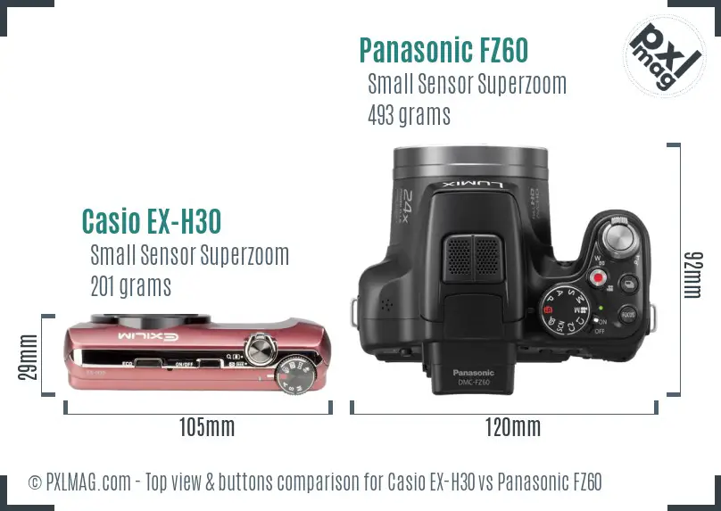 Casio EX-H30 vs Panasonic FZ60 top view buttons comparison