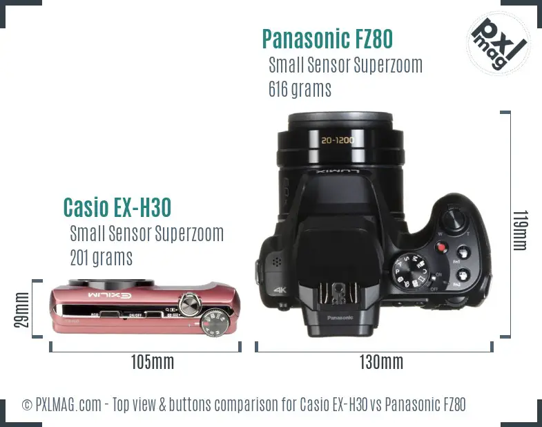 Casio EX-H30 vs Panasonic FZ80 top view buttons comparison