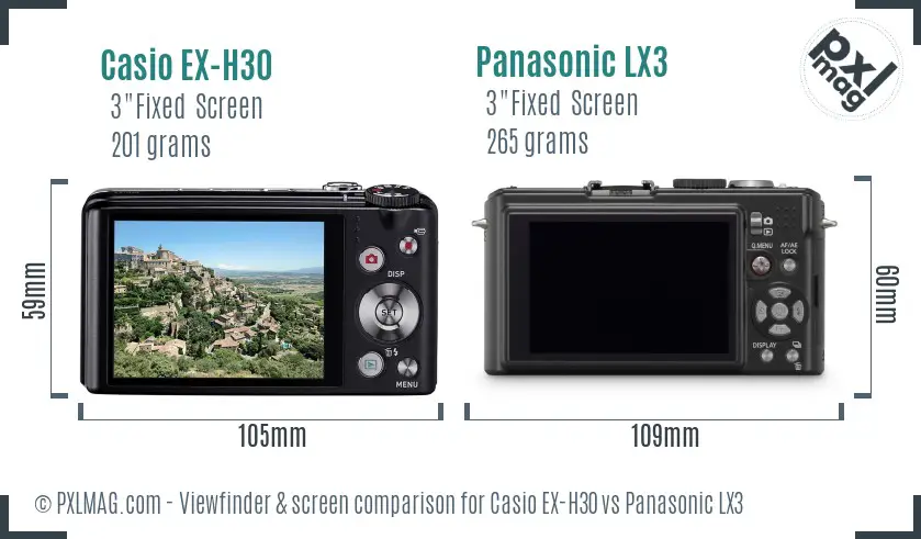 Casio EX-H30 vs Panasonic LX3 Screen and Viewfinder comparison