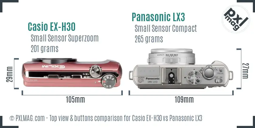 Casio EX-H30 vs Panasonic LX3 top view buttons comparison