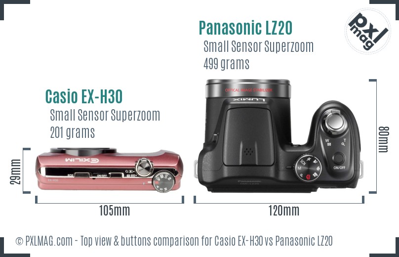 Casio EX-H30 vs Panasonic LZ20 top view buttons comparison
