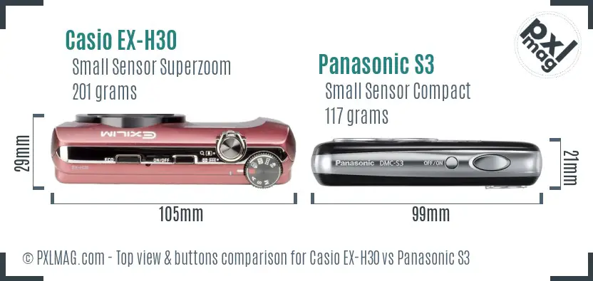 Casio EX-H30 vs Panasonic S3 top view buttons comparison Casio EX-H30 vs Panasonic S3 top view buttons comparison