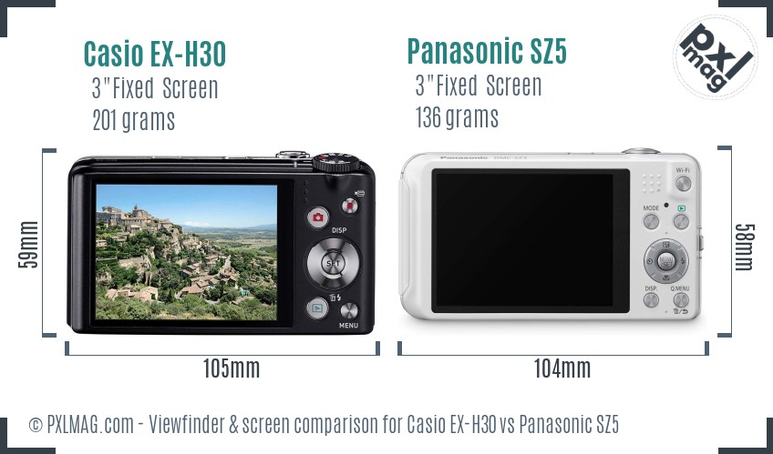 Casio EX-H30 vs Panasonic SZ5 Screen and Viewfinder comparison