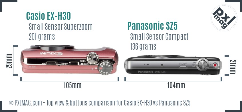 Casio EX-H30 vs Panasonic SZ5 top view buttons comparison