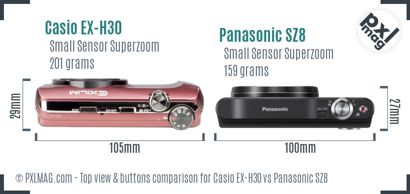 Casio EX-H30 vs Panasonic SZ8 top view buttons comparison