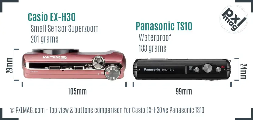 Casio EX-H30 vs Panasonic TS10 top view buttons comparison Casio EX-H30 vs Panasonic TS10 top view buttons comparison