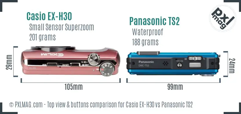 Casio EX-H30 vs Panasonic TS2 top view buttons comparison