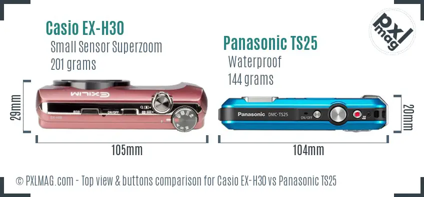 Casio EX-H30 vs Panasonic TS25 top view buttons comparison