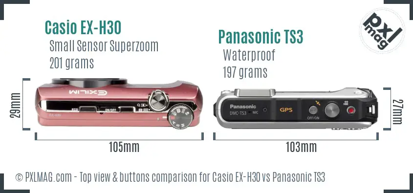 Casio EX-H30 vs Panasonic TS3 top view buttons comparison