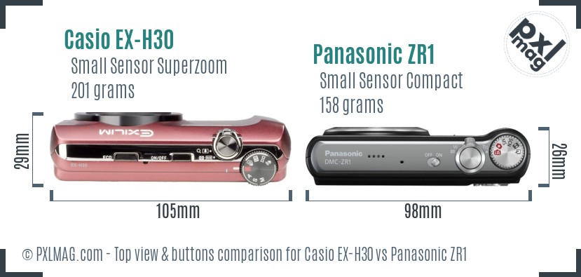 Casio EX-H30 vs Panasonic ZR1 top view buttons comparison
