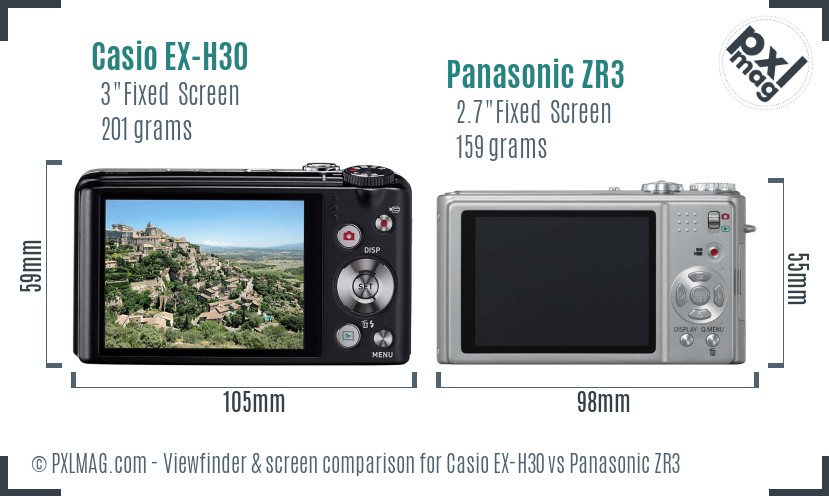 Casio EX-H30 vs Panasonic ZR3 Screen and Viewfinder comparison