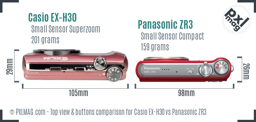 Casio EX-H30 vs Panasonic ZR3 top view buttons comparison