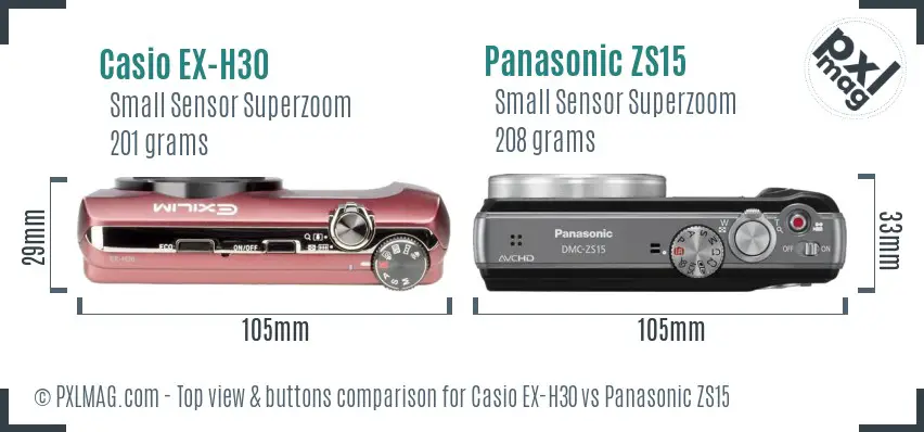 Casio EX-H30 vs Panasonic ZS15 top view buttons comparison