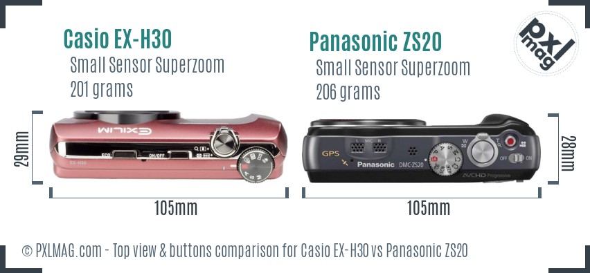 Casio EX-H30 vs Panasonic ZS20 top view buttons comparison