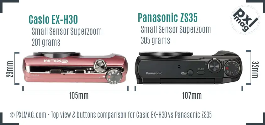 Casio EX-H30 vs Panasonic ZS35 top view buttons comparison