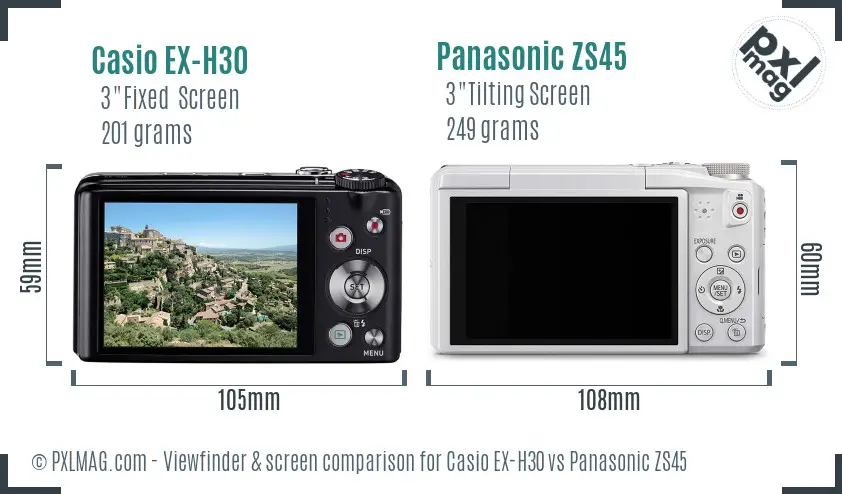 Casio EX-H30 vs Panasonic ZS45 Screen and Viewfinder comparison