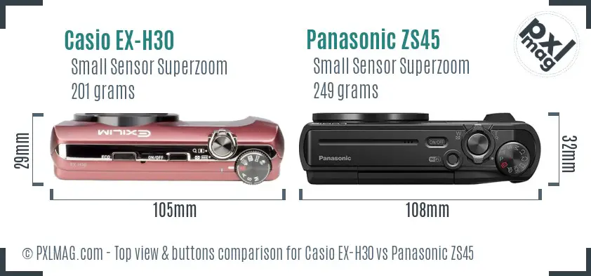 Casio EX-H30 vs Panasonic ZS45 top view buttons comparison