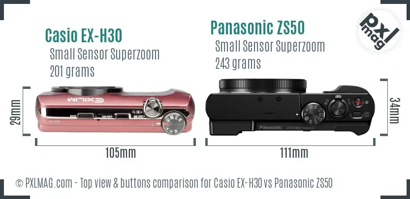 Casio EX-H30 vs Panasonic ZS50 top view buttons comparison