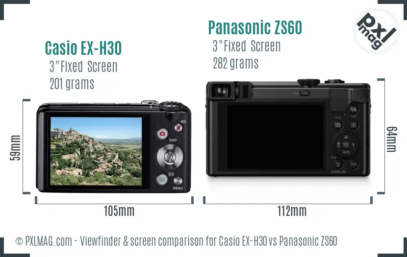 Casio EX-H30 vs Panasonic ZS60 Screen and Viewfinder comparison