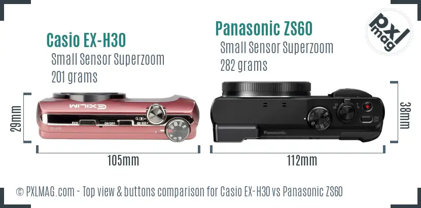Casio EX-H30 vs Panasonic ZS60 top view buttons comparison