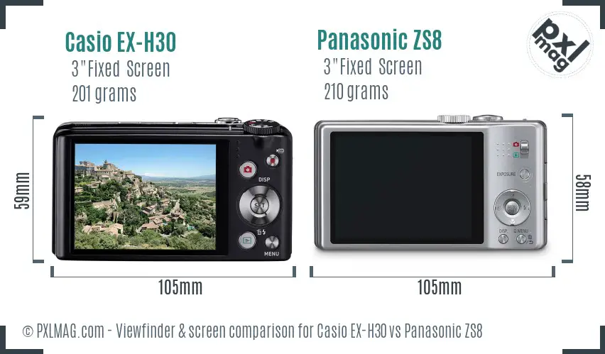 Casio EX-H30 vs Panasonic ZS8 Screen and Viewfinder comparison