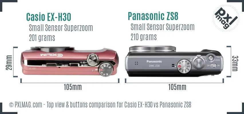 Casio EX-H30 vs Panasonic ZS8 top view buttons comparison