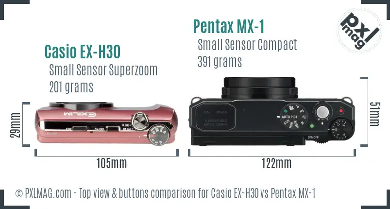 Casio EX-H30 vs Pentax MX-1 top view buttons comparison