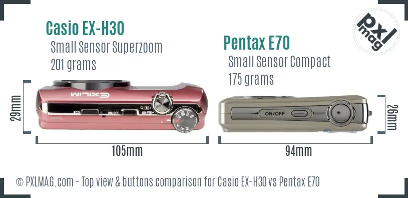 Casio EX-H30 vs Pentax E70 top view buttons comparison Casio EX-H30 vs Pentax E70 top view buttons comparison