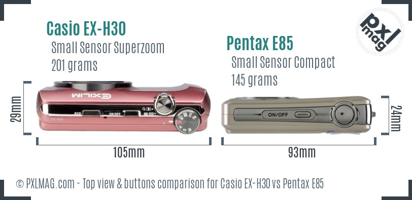 Casio EX-H30 vs Pentax E85 top view buttons comparison