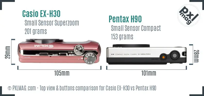 Casio EX-H30 vs Pentax H90 top view buttons comparison