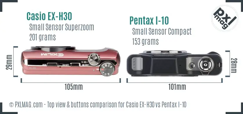 Casio EX-H30 vs Pentax I-10 top view buttons comparison Casio EX-H30 vs Pentax I-10 top view buttons comparison