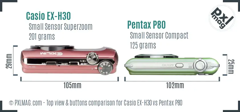 Casio EX-H30 vs Pentax P80 top view buttons comparison Casio EX-H30 vs Pentax P80 top view buttons comparison