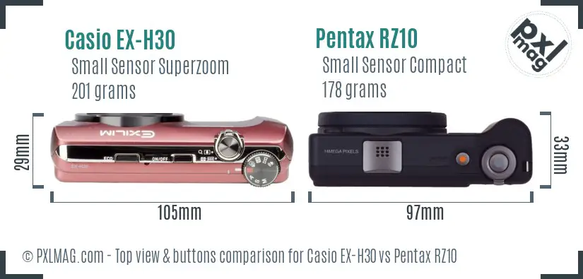 Casio EX-H30 vs Pentax RZ10 top view buttons comparison