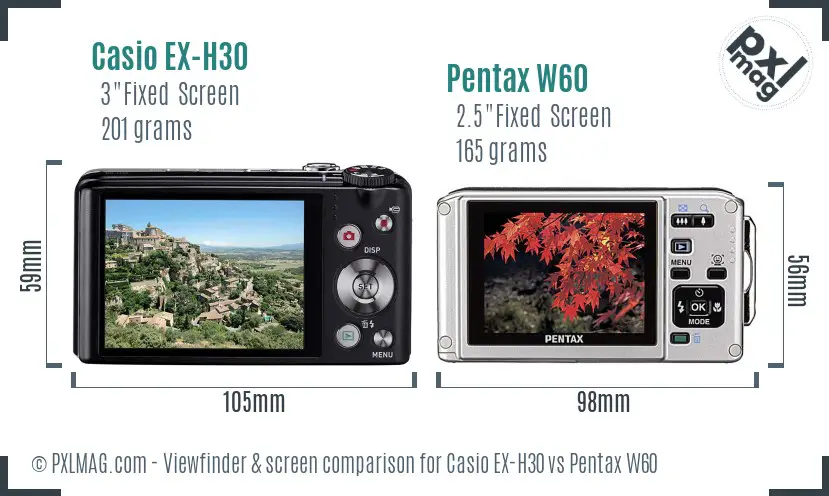 Casio EX-H30 vs Pentax W60 Screen and Viewfinder comparison