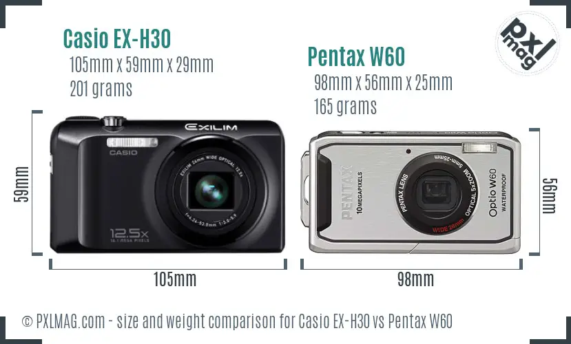 Casio EX-H30 vs Pentax W60 size comparison