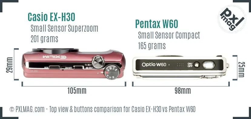 Casio EX-H30 vs Pentax W60 top view buttons comparison