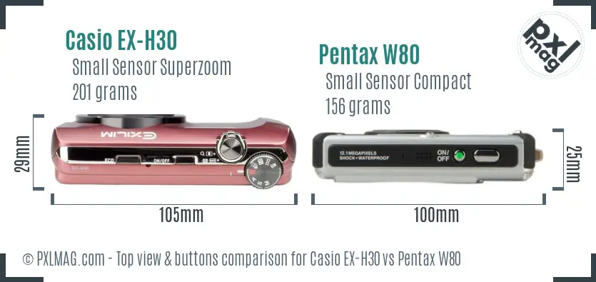 Casio EX-H30 vs Pentax W80 top view buttons comparison