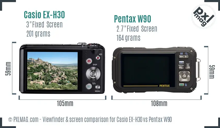 Casio EX-H30 vs Pentax W90 Screen and Viewfinder comparison