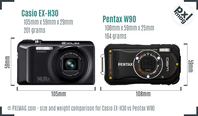Casio EX-H30 vs Pentax W90 size comparison
