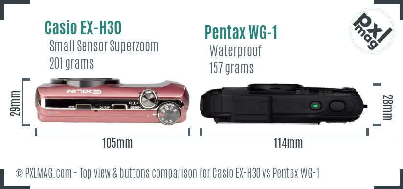 Casio EX-H30 vs Pentax WG-1 top view buttons comparison