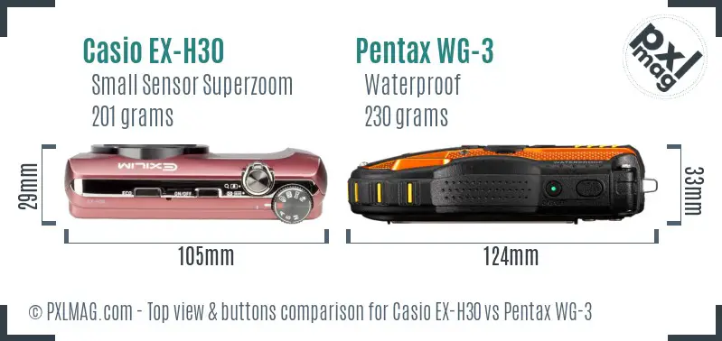 Casio EX-H30 vs Pentax WG-3 top view buttons comparison