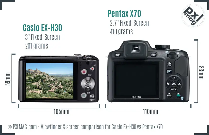 Casio EX-H30 vs Pentax X70 Screen and Viewfinder comparison