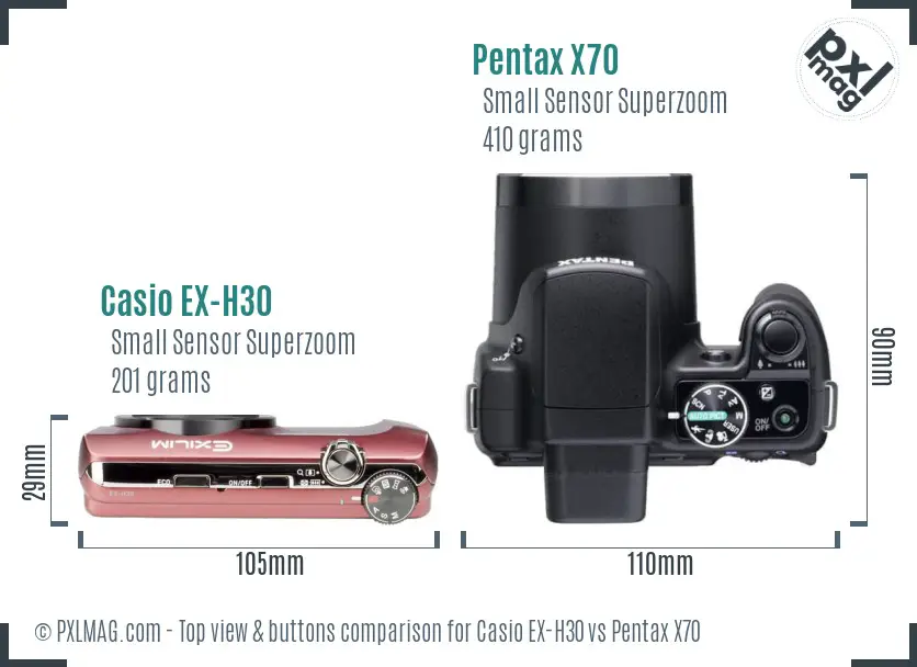 Casio EX-H30 vs Pentax X70 top view buttons comparison