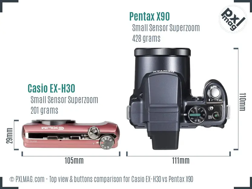 Casio EX-H30 vs Pentax X90 top view buttons comparison
