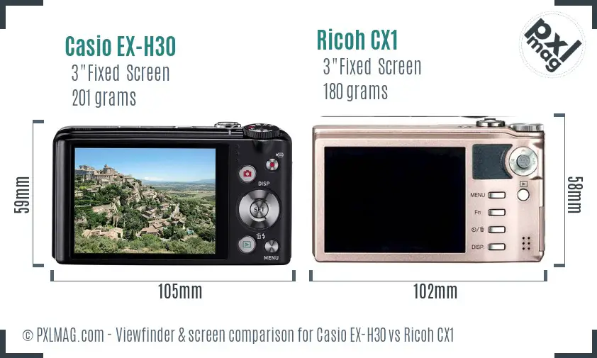 Casio EX-H30 vs Ricoh CX1 Screen and Viewfinder comparison