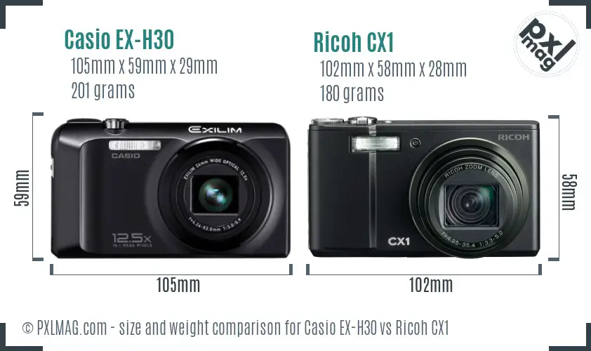 Casio EX-H30 vs Ricoh CX1 size comparison